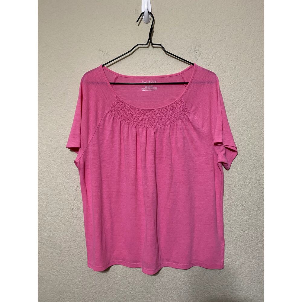 Talbots Shirt Large Pink Short-Sleeve T-Shirt Tee Linen-Blend Smocked Oversized